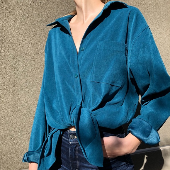 suede turquoise silk interior button down blouse - Picture 3 of 4